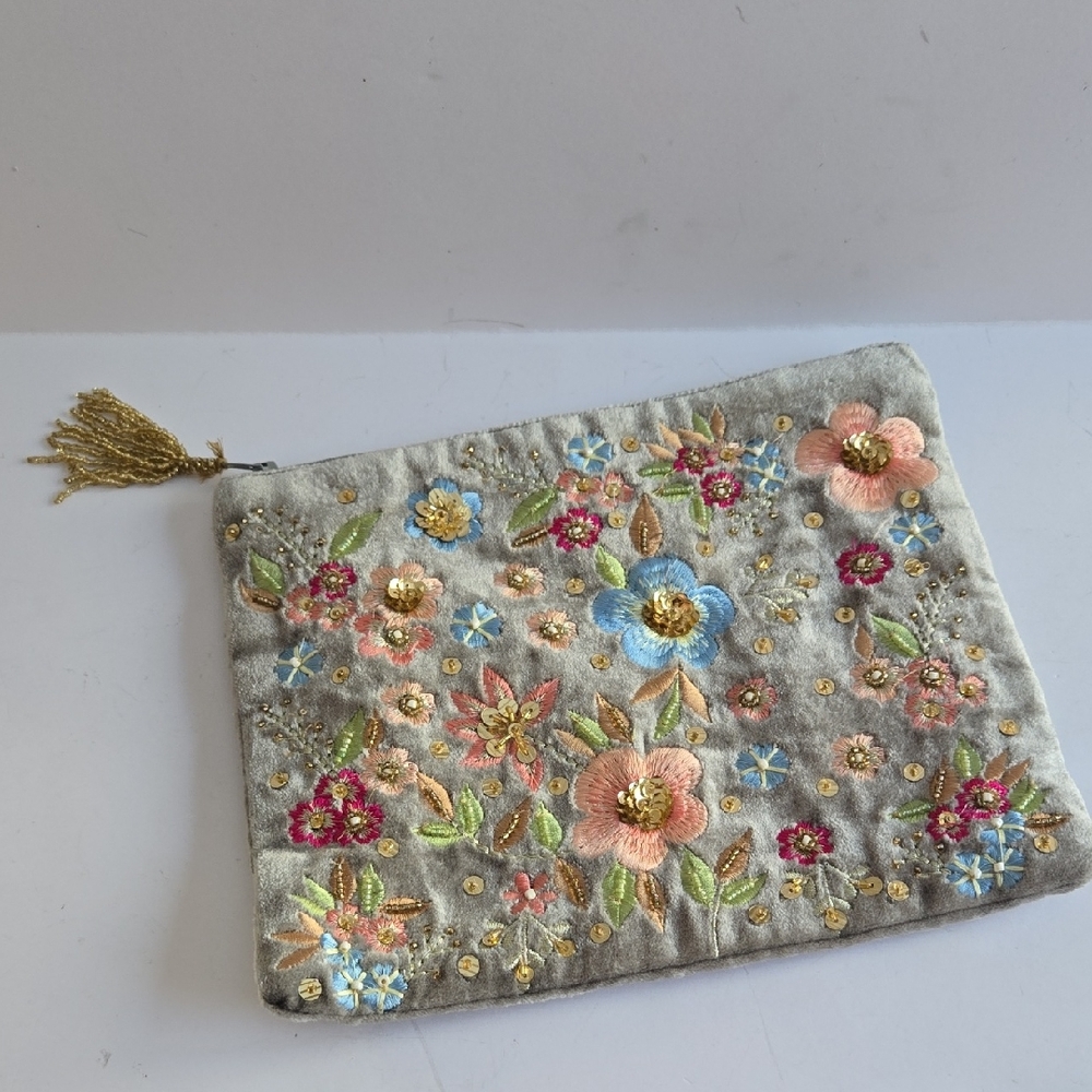 Embroidered Floral Beaded Pouch with Tassel